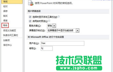 Power Point選項窗口左側的&ldquo;高級&rdquo;