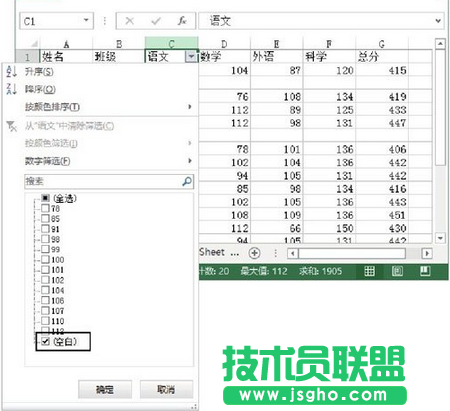 勾選“(空白)”復選框