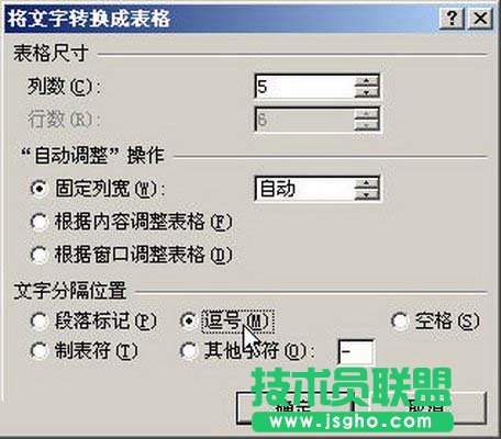 “將文字轉(zhuǎn)換成表格”對話框